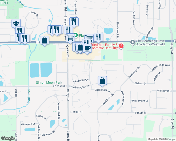 map of restaurants, bars, coffee shops, grocery stores, and more near 17387 Dovehouse Lane in Westfield