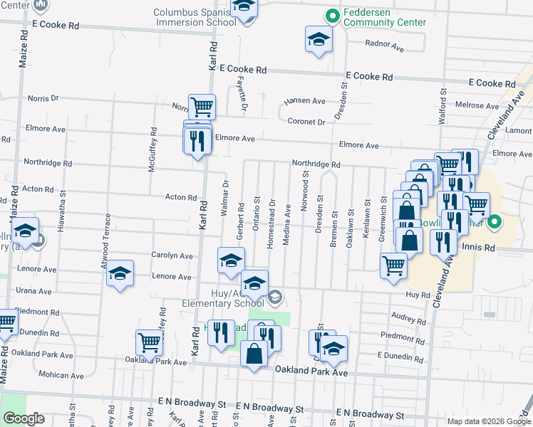 map of restaurants, bars, coffee shops, grocery stores, and more near 3566 Ontario Street in Columbus