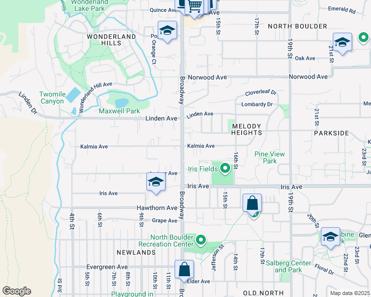 map of restaurants, bars, coffee shops, grocery stores, and more near 3582 Broadway in Boulder