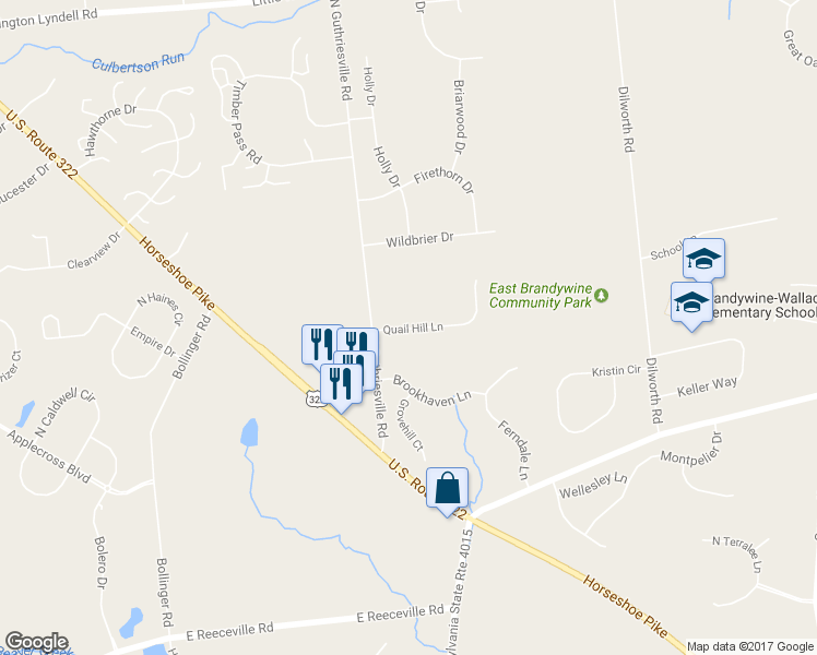 map of restaurants, bars, coffee shops, grocery stores, and more near 6 Quail Hill Lane in Downingtown