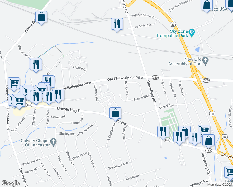 map of restaurants, bars, coffee shops, grocery stores, and more near 1803 Serene Way in Lancaster