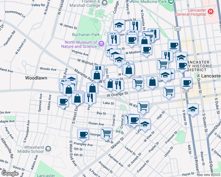 map of restaurants, bars, coffee shops, grocery stores, and more near 729 Marietta Avenue in Lancaster