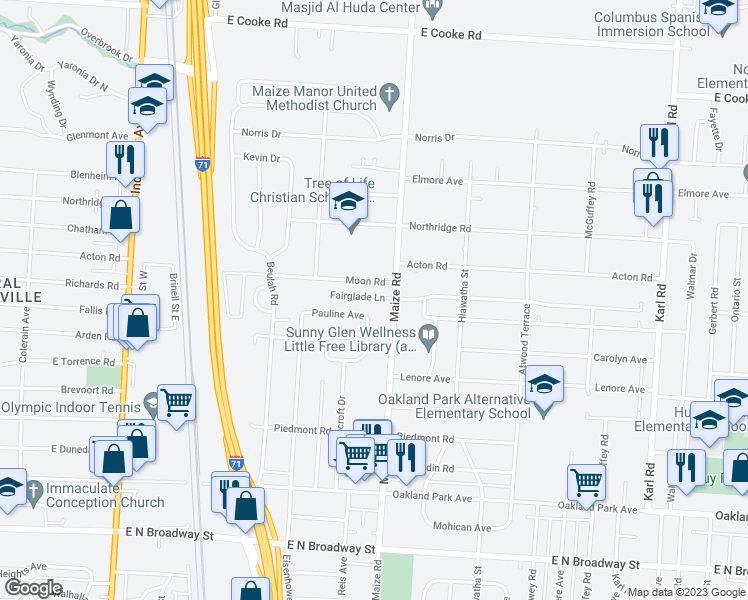 map of restaurants, bars, coffee shops, grocery stores, and more near 955 Fairglade Lane in Columbus