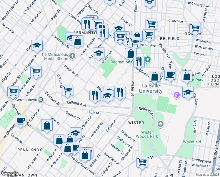map of restaurants, bars, coffee shops, grocery stores, and more near 529 East Penn Street in Philadelphia