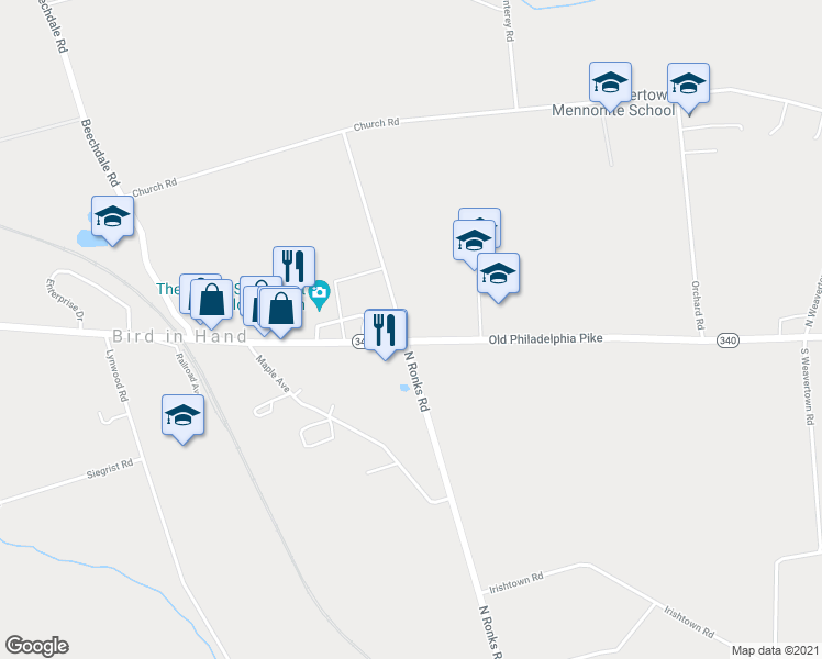 map of restaurants, bars, coffee shops, grocery stores, and more near 2801 Old Philadelphia Pike in Bird in Hand