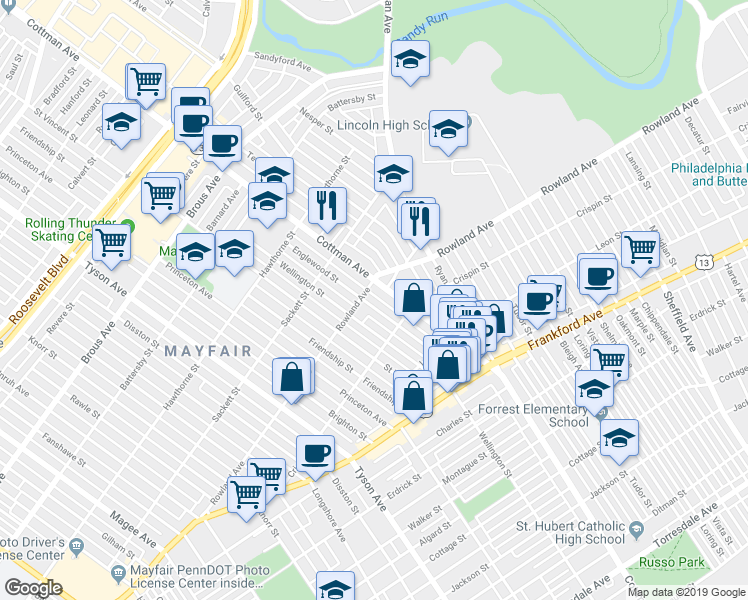 map of restaurants, bars, coffee shops, grocery stores, and more near 3311 Englewood Street in Philadelphia