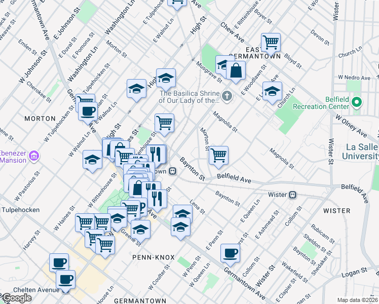 map of restaurants, bars, coffee shops, grocery stores, and more near 325 East Chelten Avenue in Philadelphia