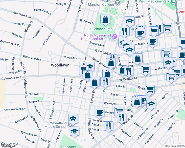 map of restaurants, bars, coffee shops, grocery stores, and more near 917 Columbia Avenue in Lancaster