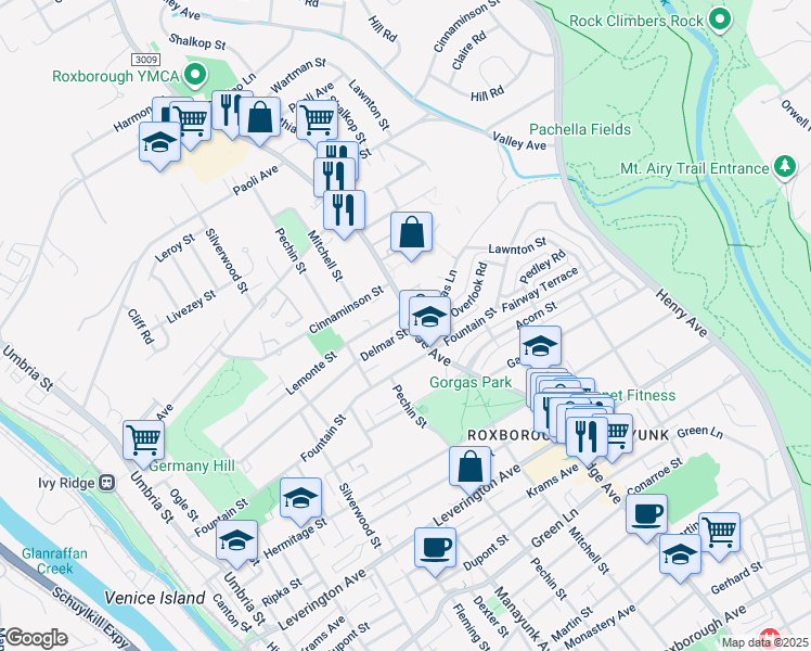 map of restaurants, bars, coffee shops, grocery stores, and more near 6602 Ridge Avenue in Philadelphia