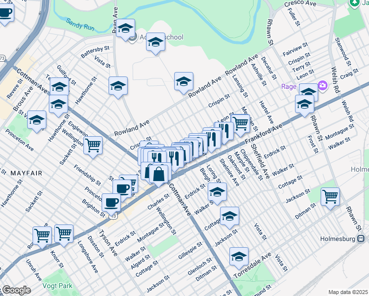 map of restaurants, bars, coffee shops, grocery stores, and more near 3510 Bleigh Avenue in Philadelphia