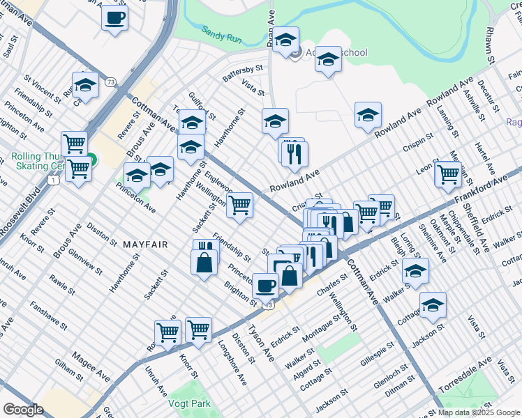 map of restaurants, bars, coffee shops, grocery stores, and more near 3311 Englewood Street in Philadelphia