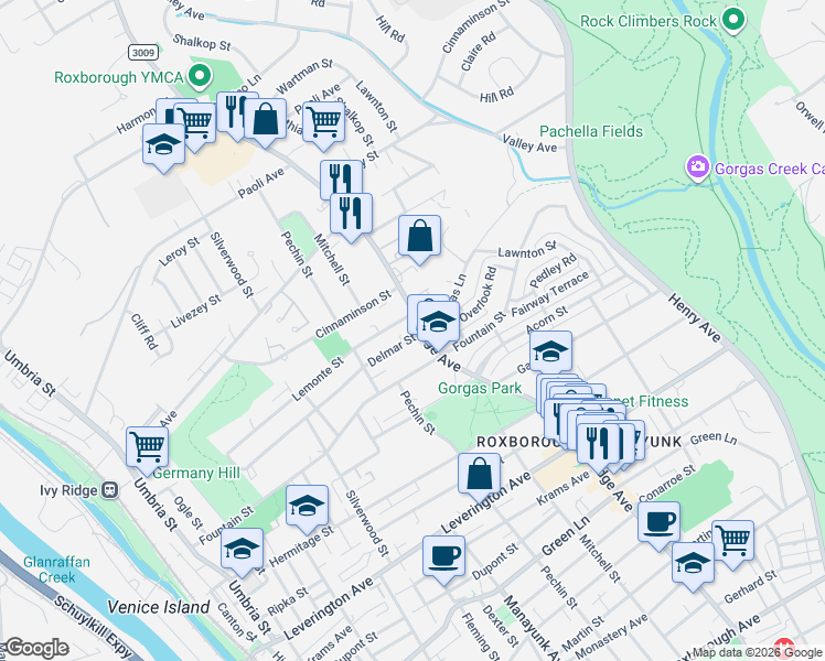 map of restaurants, bars, coffee shops, grocery stores, and more near 6619 Ridge Avenue in Philadelphia