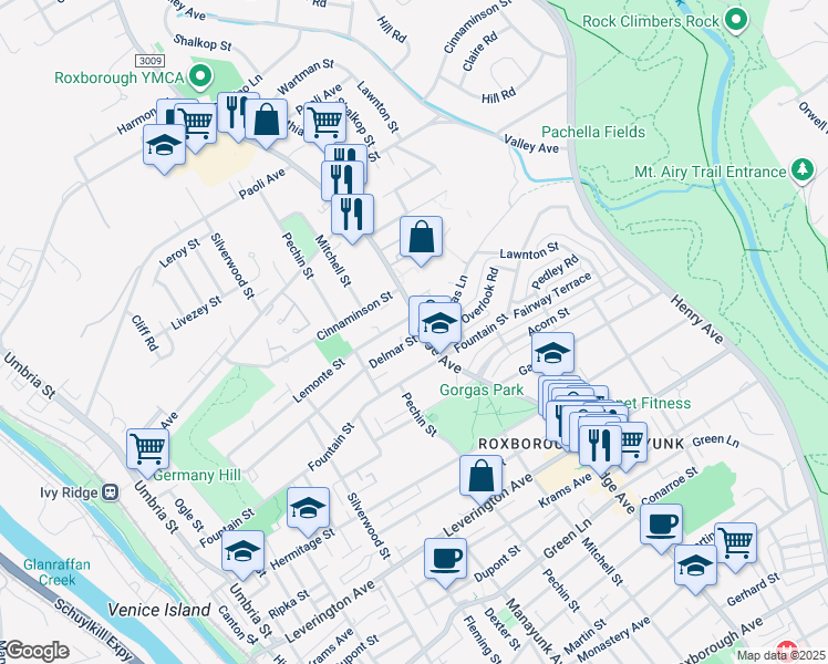 map of restaurants, bars, coffee shops, grocery stores, and more near 6602 Ridge Avenue in Philadelphia