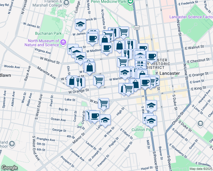 map of restaurants, bars, coffee shops, grocery stores, and more near 423 West Marion Street in Lancaster