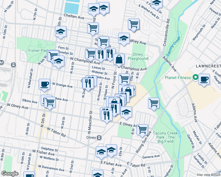 map of restaurants, bars, coffee shops, grocery stores, and more near 5820 North Front Street in Philadelphia