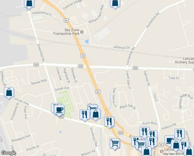 map of restaurants, bars, coffee shops, grocery stores, and more near 63 Midway Farms Lane in Lancaster