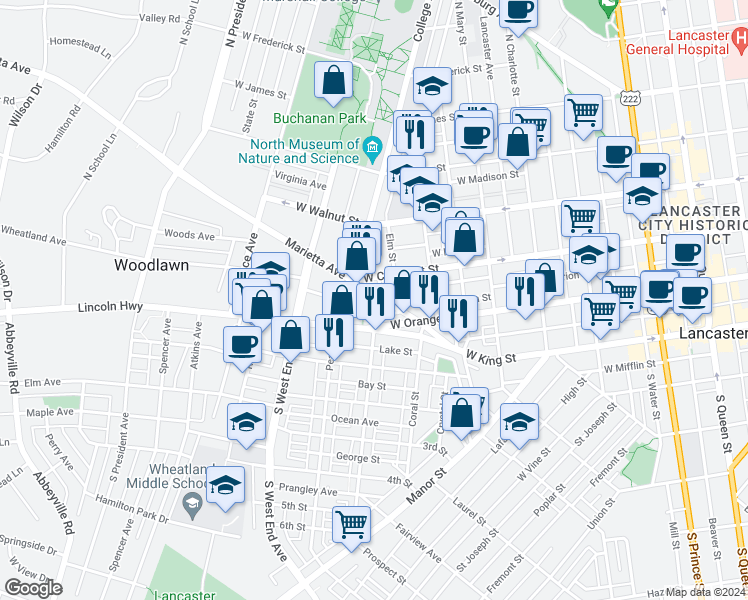 map of restaurants, bars, coffee shops, grocery stores, and more near 756 Marietta Avenue in Lancaster