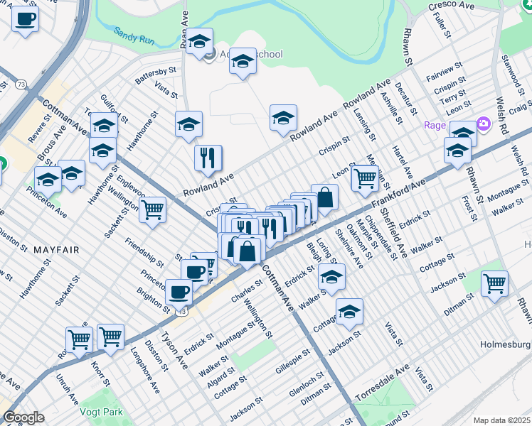 map of restaurants, bars, coffee shops, grocery stores, and more near 3450 Tudor Street in Philadelphia