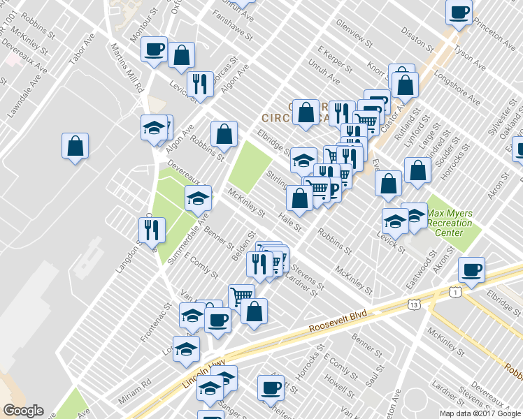 map of restaurants, bars, coffee shops, grocery stores, and more near 1221 McKinley Street in Philadelphia