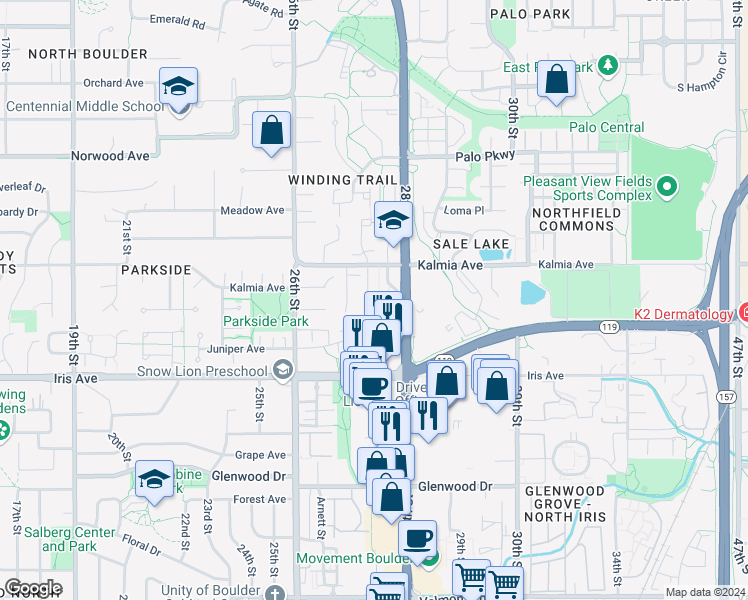 map of restaurants, bars, coffee shops, grocery stores, and more near 3565 28th Street in Boulder