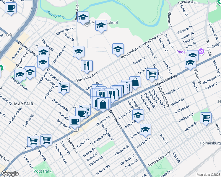 map of restaurants, bars, coffee shops, grocery stores, and more near 3450 Tudor Street in Philadelphia