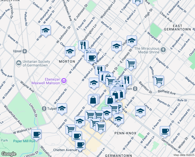 map of restaurants, bars, coffee shops, grocery stores, and more near 20 West Harvey Street in Philadelphia