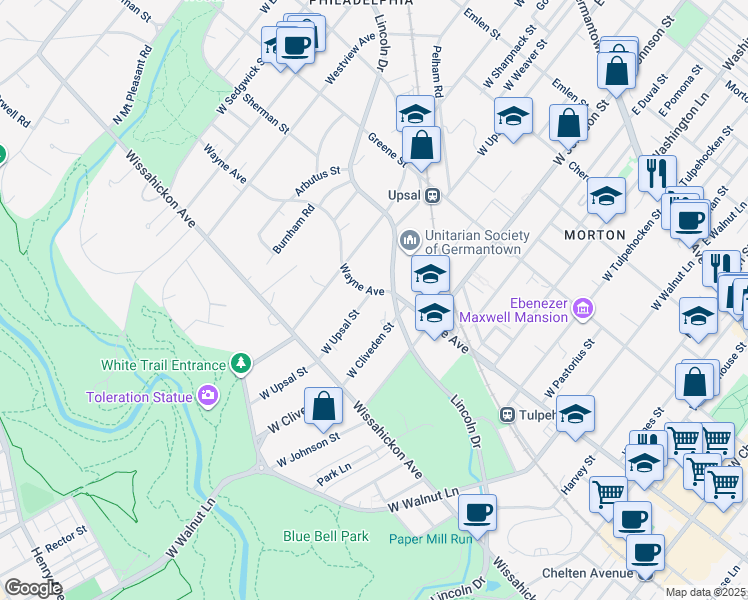 map of restaurants, bars, coffee shops, grocery stores, and more near 6430 Wayne Avenue in Philadelphia