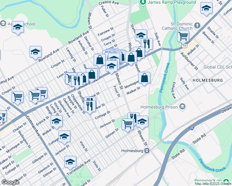 map of restaurants, bars, coffee shops, grocery stores, and more near 4230 Frost Street in Philadelphia