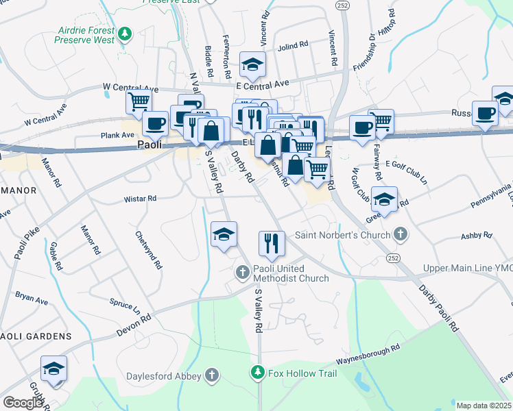 map of restaurants, bars, coffee shops, grocery stores, and more near 38 E Circular Ave in Paoli
