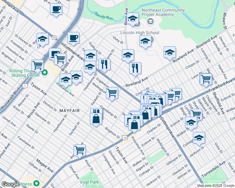 map of restaurants, bars, coffee shops, grocery stores, and more near Englewood Street in Philadelphia