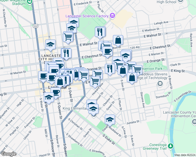 map of restaurants, bars, coffee shops, grocery stores, and more near 309 East King Street in Lancaster