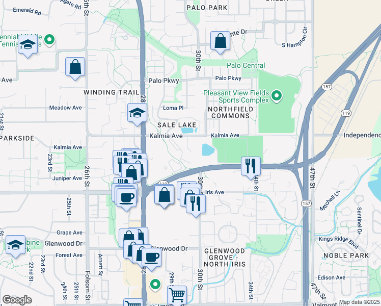 map of restaurants, bars, coffee shops, grocery stores, and more near 2910 Kalmia Avenue in Boulder