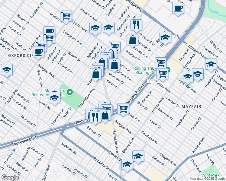 map of restaurants, bars, coffee shops, grocery stores, and more near 6736 Leonard Street in Philadelphia