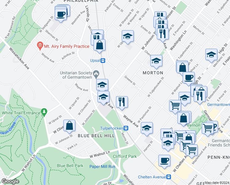 map of restaurants, bars, coffee shops, grocery stores, and more near 6367 Sherman Street in Philadelphia