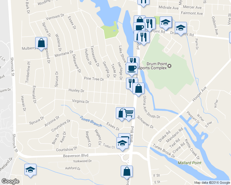map of restaurants, bars, coffee shops, grocery stores, and more near 215 Huxley Drive in Brick