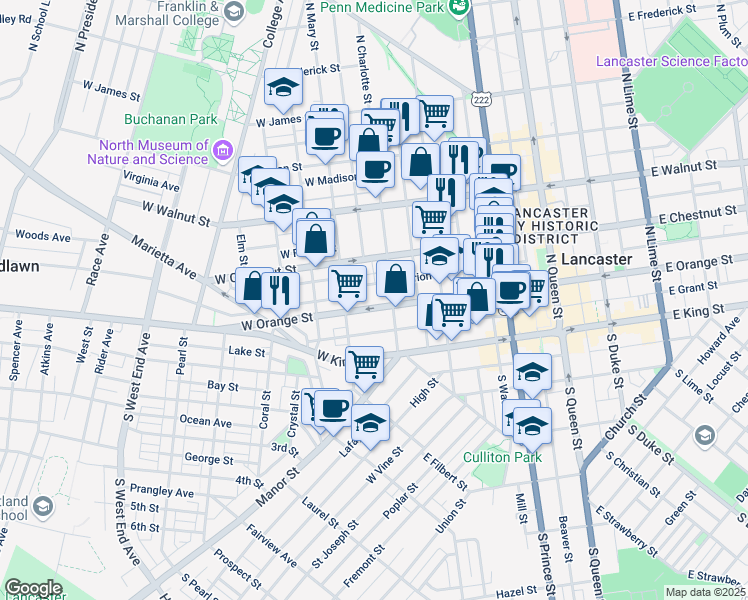 map of restaurants, bars, coffee shops, grocery stores, and more near 419 West Orange Street in Lancaster