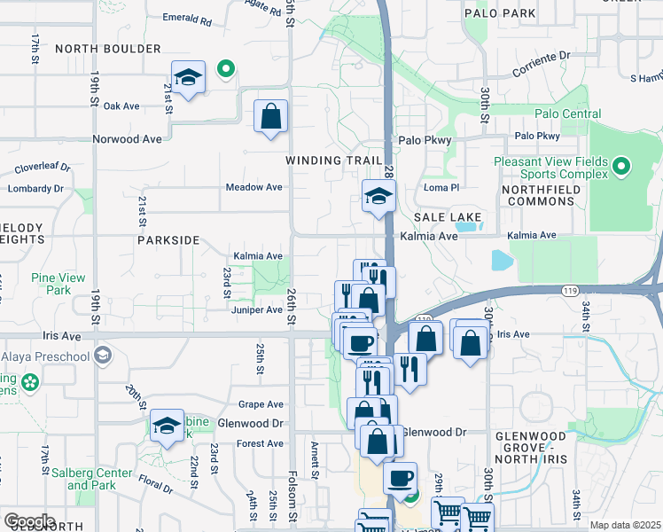 map of restaurants, bars, coffee shops, grocery stores, and more near 3527 Nottingham Court in Boulder