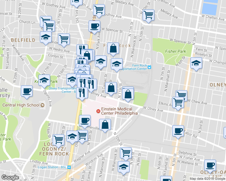 map of restaurants, bars, coffee shops, grocery stores, and more near 5634 North Marvine Street in Philadelphia
