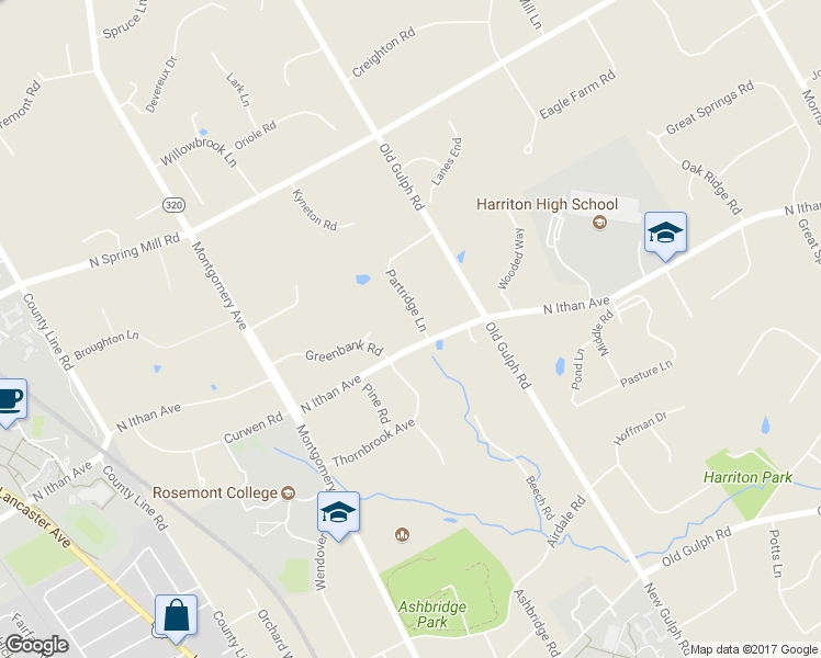 map of restaurants, bars, coffee shops, grocery stores, and more near 1300 Partridge Lane in Villanova