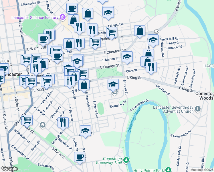 map of restaurants, bars, coffee shops, grocery stores, and more near 730 East King Street in Lancaster