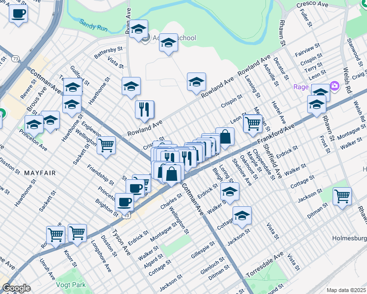 map of restaurants, bars, coffee shops, grocery stores, and more near 3448 Tudor Street in Philadelphia