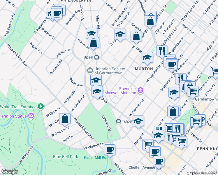 map of restaurants, bars, coffee shops, grocery stores, and more near 6367 Sherman Street in Philadelphia
