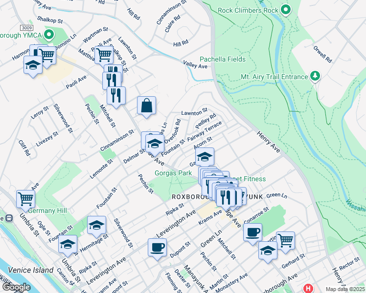 map of restaurants, bars, coffee shops, grocery stores, and more near 537 Fountain Street in Philadelphia