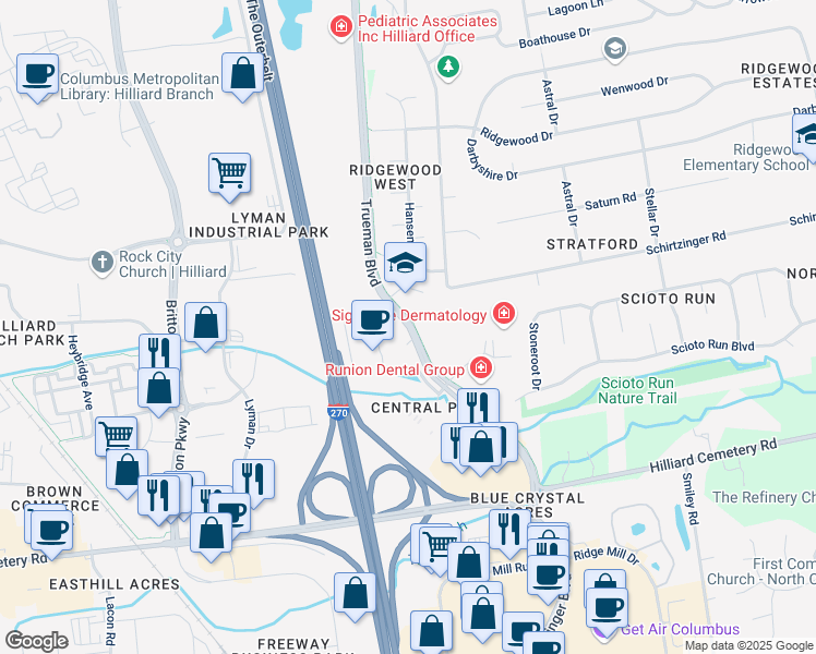 map of restaurants, bars, coffee shops, grocery stores, and more near 4211 Trueman Boulevard in Hilliard