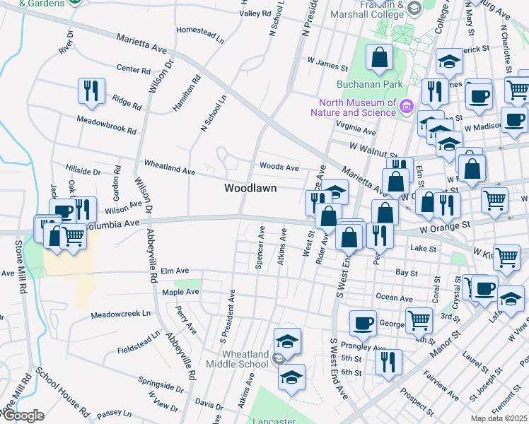 map of restaurants, bars, coffee shops, grocery stores, and more near 1055 Columbia Avenue in Lancaster