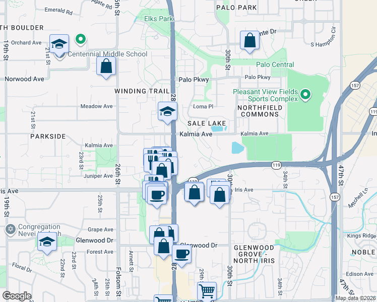 map of restaurants, bars, coffee shops, grocery stores, and more near 2852 Kalmia Avenue in Boulder