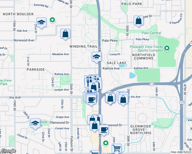 map of restaurants, bars, coffee shops, grocery stores, and more near 3565 28th Street in Boulder