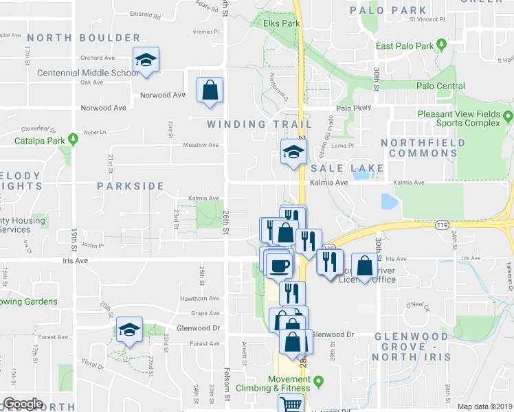 map of restaurants, bars, coffee shops, grocery stores, and more near 3561 Nottingham Court in Boulder