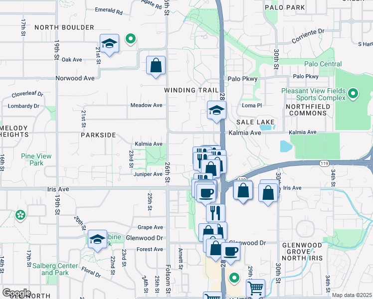 map of restaurants, bars, coffee shops, grocery stores, and more near 3561 Nottingham Court in Boulder