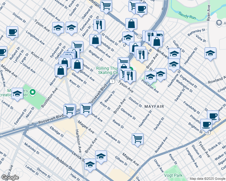 map of restaurants, bars, coffee shops, grocery stores, and more near 6928 Revere Street in Philadelphia